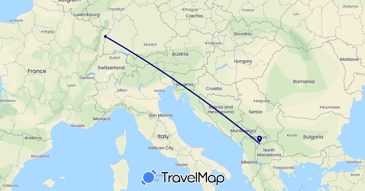 TravelMap itinerary: driving in France, Kosovo (Europe)